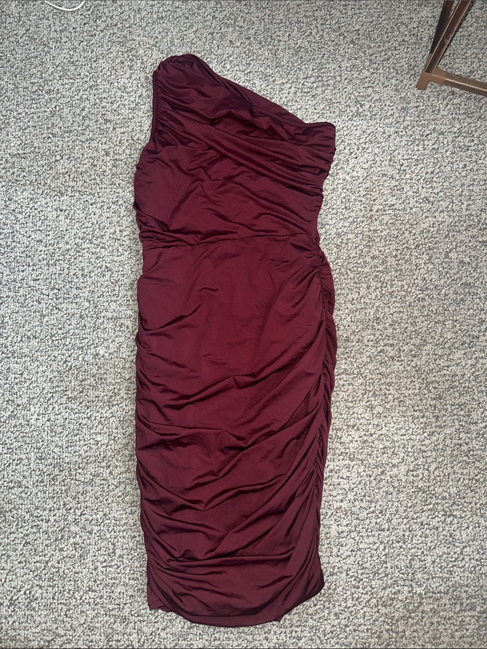 One-Shoulder Ruched Midi Dress in Wine